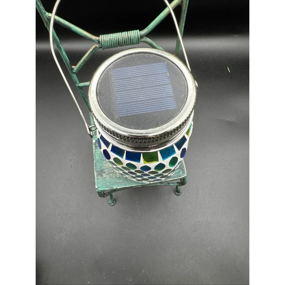 Solar Powered LED Light  Mason Glass Jar Mosaic Green Blue Coastal Cottagecore